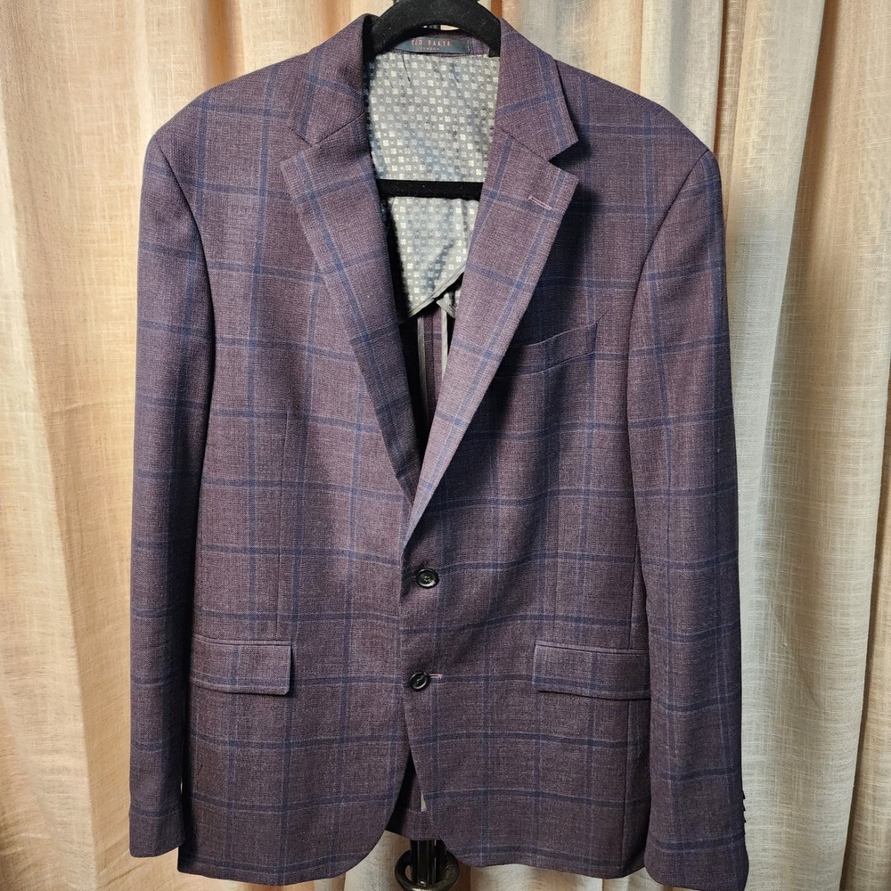 Ted Baker London Jake 44R 100% Wool Purple Plaid Windowpane Blazer Sport Coat
